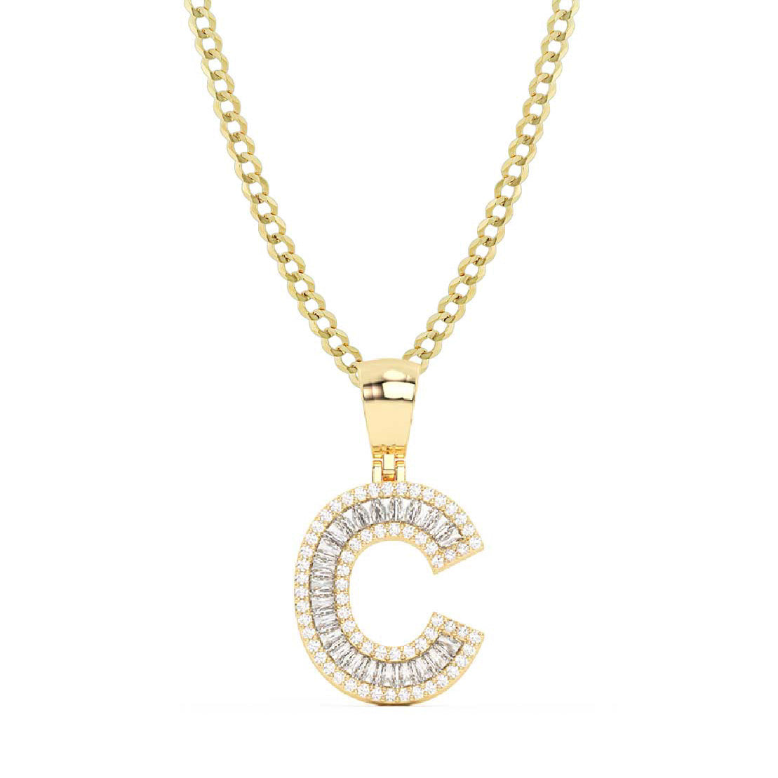 Women's Baguette & Round Cut Diamond "C" Initial Pendant Necklace 0.51ct 14K Gold