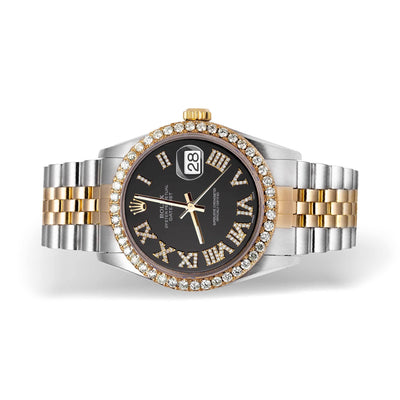 Rolex Datejust Diamond Bezel Watch 36mm Bright Black Roman Dial | 2.15ct