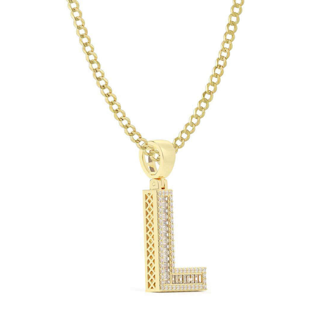 Baguette & Round Cut Diamond "L" Initial Pendant Necklace 0.35ct 14K Gold