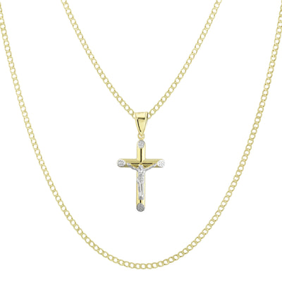 1 1/2" Jesus Cross Crucifix Two-Tone Pendant & Chain Necklace Set 10K Yellow White Gold