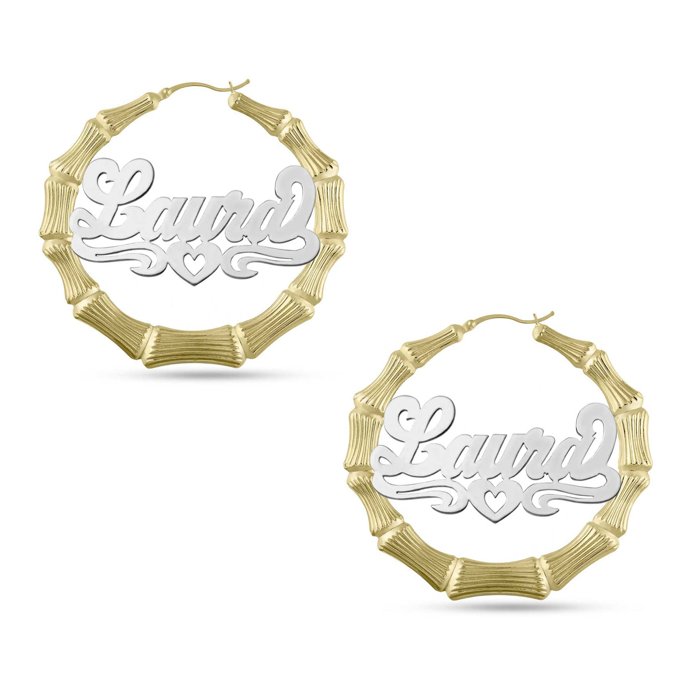 Ladies Script Name Plate Bamboo Hoop Earrings 14K Gold - Style 123