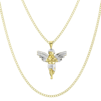 1 1/2" Praying Angel Pendant & Chain Necklace Set 14K Yellow White Gold