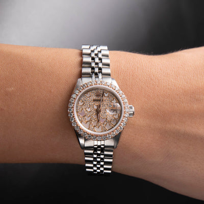 Women Rolex Datejust Diamond Bezel Watch 26mm Pink Butterfly Dial | 2.00ct