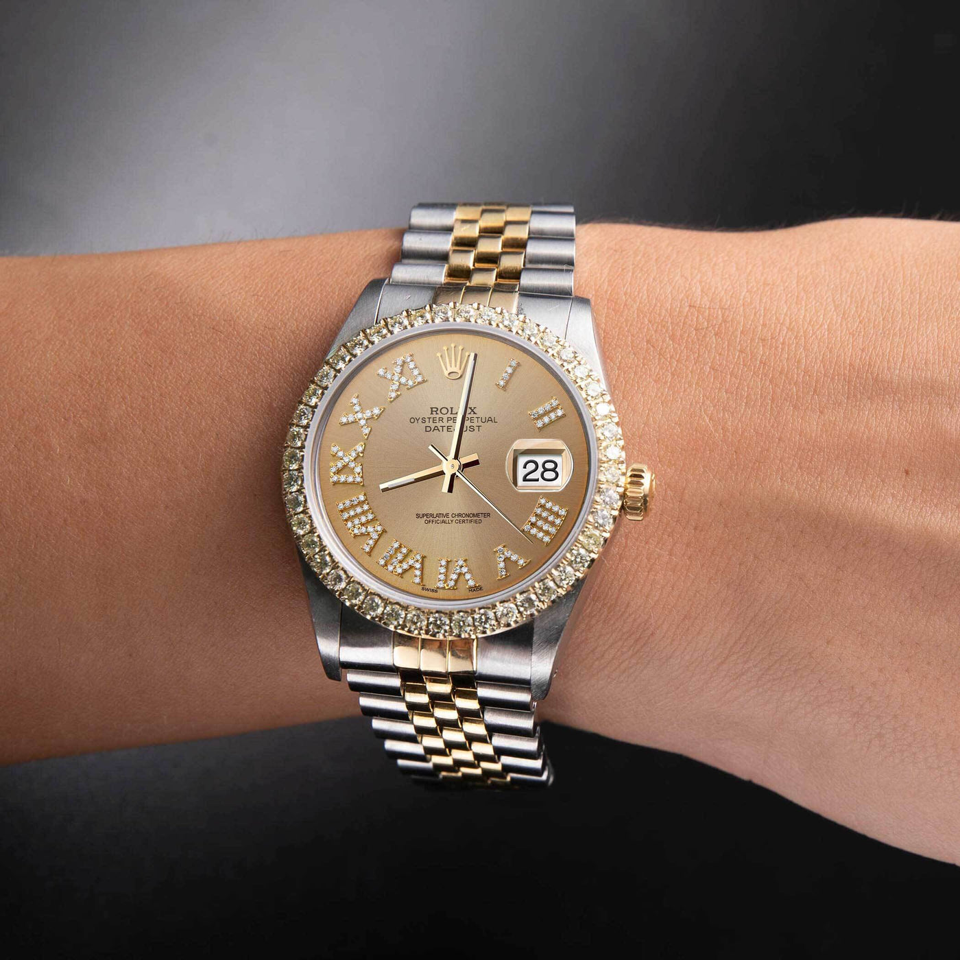 Rolex Datejust Diamond Bezel Watch 36mm Champagne Roman Dial | 2.15ct