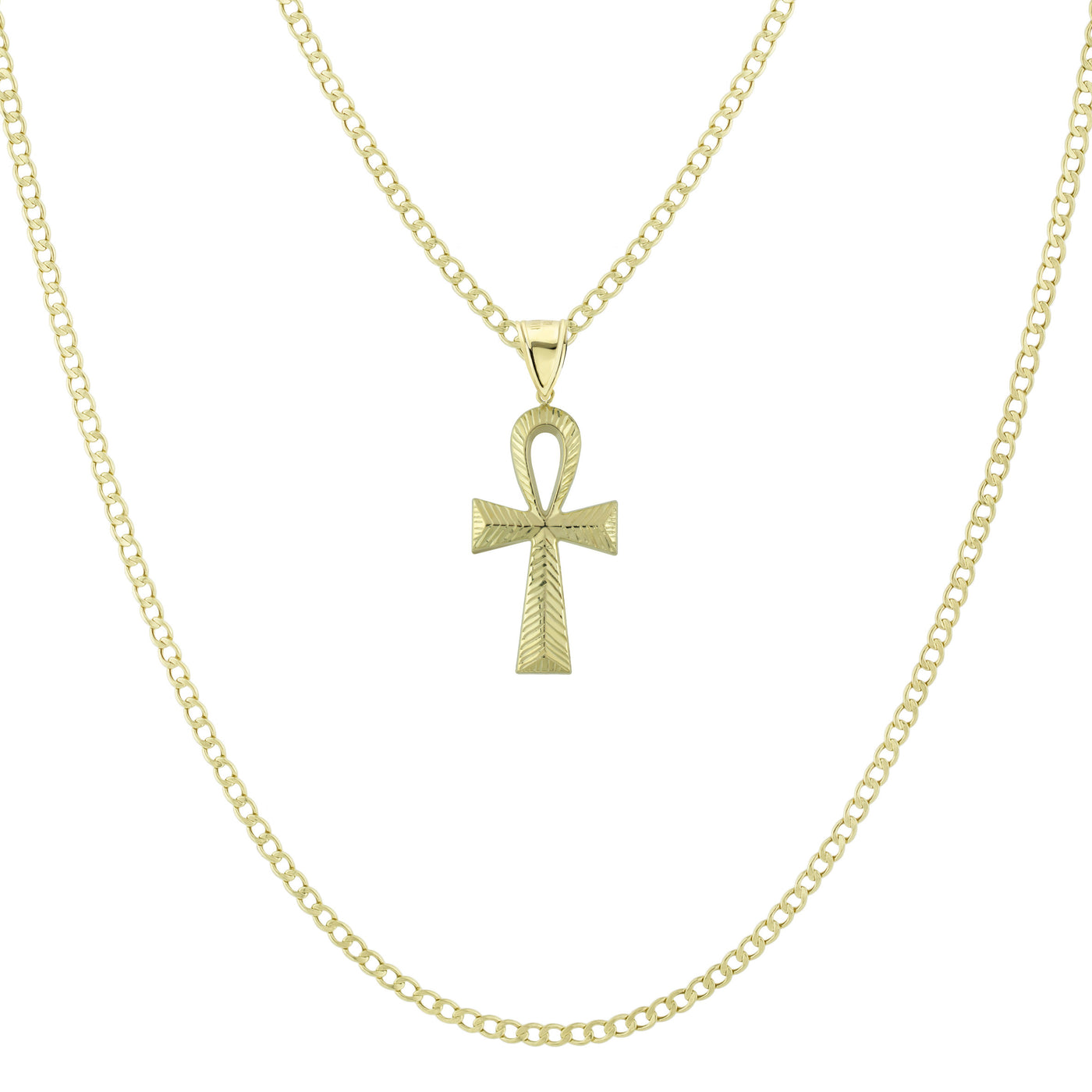 1 1/2" Diamond Cut Ankh Cross Pendant & Chain Necklace Set 14K Yellow Gold
