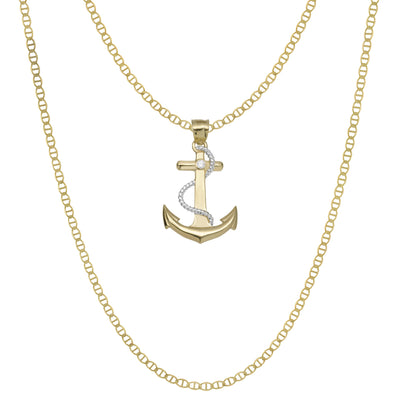 CZ Anchor Pendant & Chain Necklace Set 10K Yellow Gold