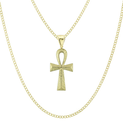 2" Diamond Cut Ankh Cross Pendant & Chain Necklace Set 14K Yellow Gold