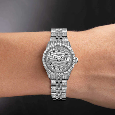 Women Rolex Datejust Diamond Bezel Watch 26mm Black Arabic Dial | 7ct