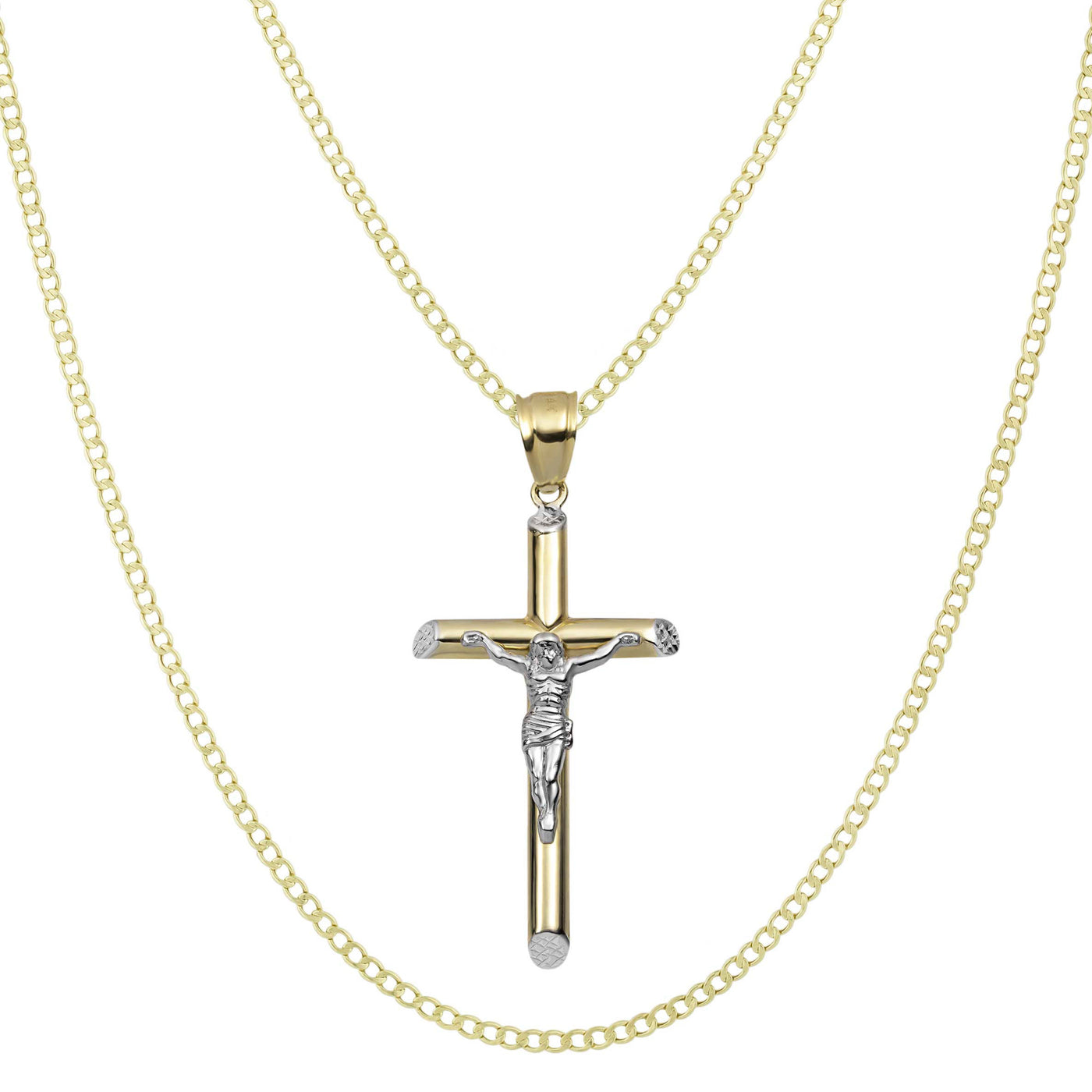 2 1/4" Diamond Cut Jesus Cross Crucifix Pendant & Chain Necklace Set 14K Yellow White Gold