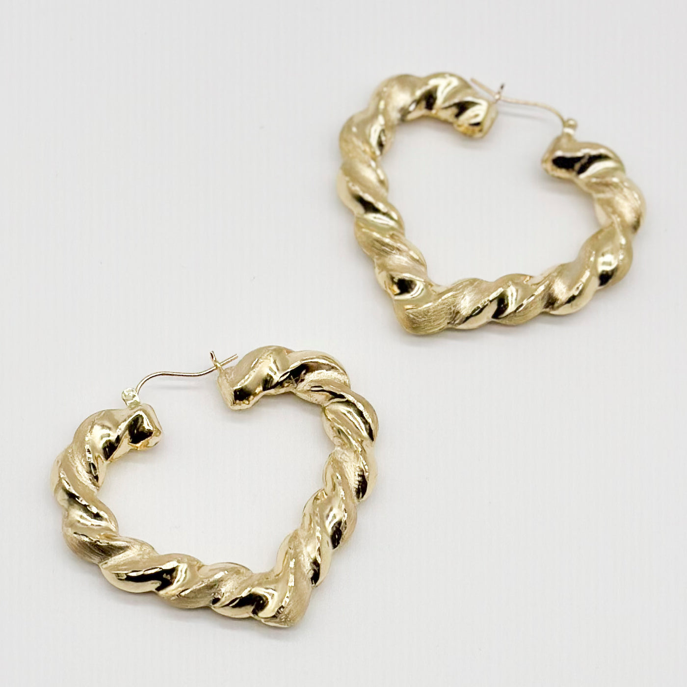 1 1/2" Textured Heart Hoop Earrings 10K Yellow Gold