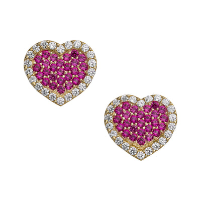 1/2" Women's CZ Pink Heart Stud Earrings 10K Yellow Gold