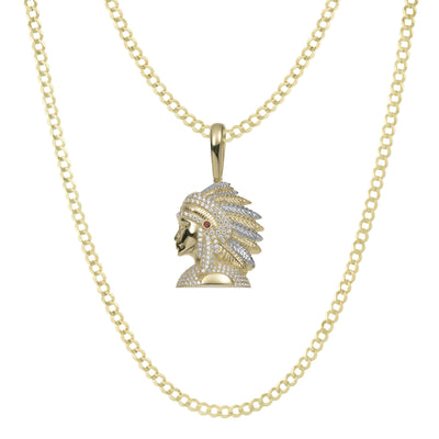 1 3/4" CZ Indian Chief Pendant & Chain Necklace Set 10K Yellow Gold