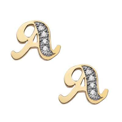 Diamond Initial Name Plate Stud Earrings 14K Gold - Style 180