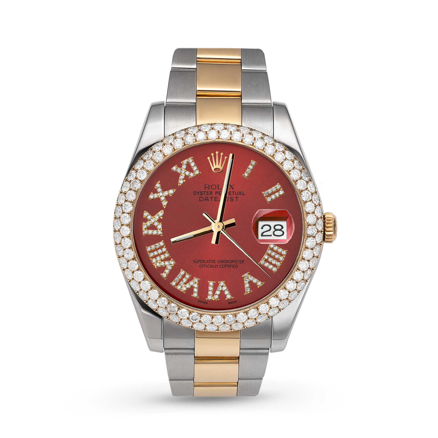 Rolex Datejust Diamond Bezel Oyster Watch 41mm Red Roman Dial | 5.25ct