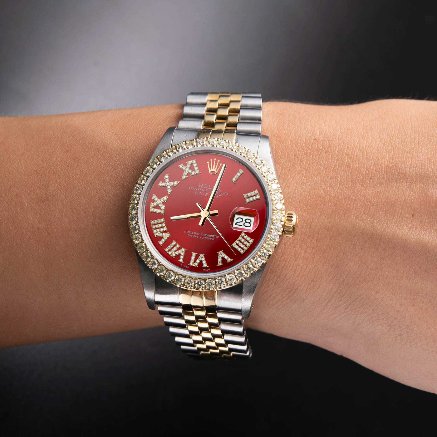 Rolex Datejust Diamond Bezel Watch 36mm Red Roman Numeral Dial | 2.15ct
