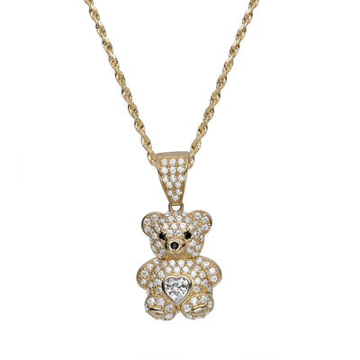 1 1/4" CZ Teddy Bear Heart Pendant Necklace 14K Yellow Gold
