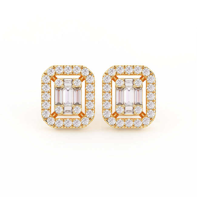 Women's Emerald Baguette & Round Diamond Stud Earrings 0.66ct 14K Gold