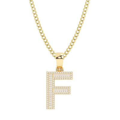 Women's Baguette & Round Cut Diamond "F" Initial Pendant Necklace 0.43ct 14K Gold