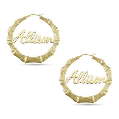 Ladies Script Name Plate Bamboo Hoop Earrings 14K Gold - Style 97