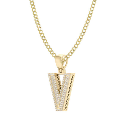Women's Baguette & Round Cut Diamond "V" Initial Pendant Necklace 0.53ct 14K Gold