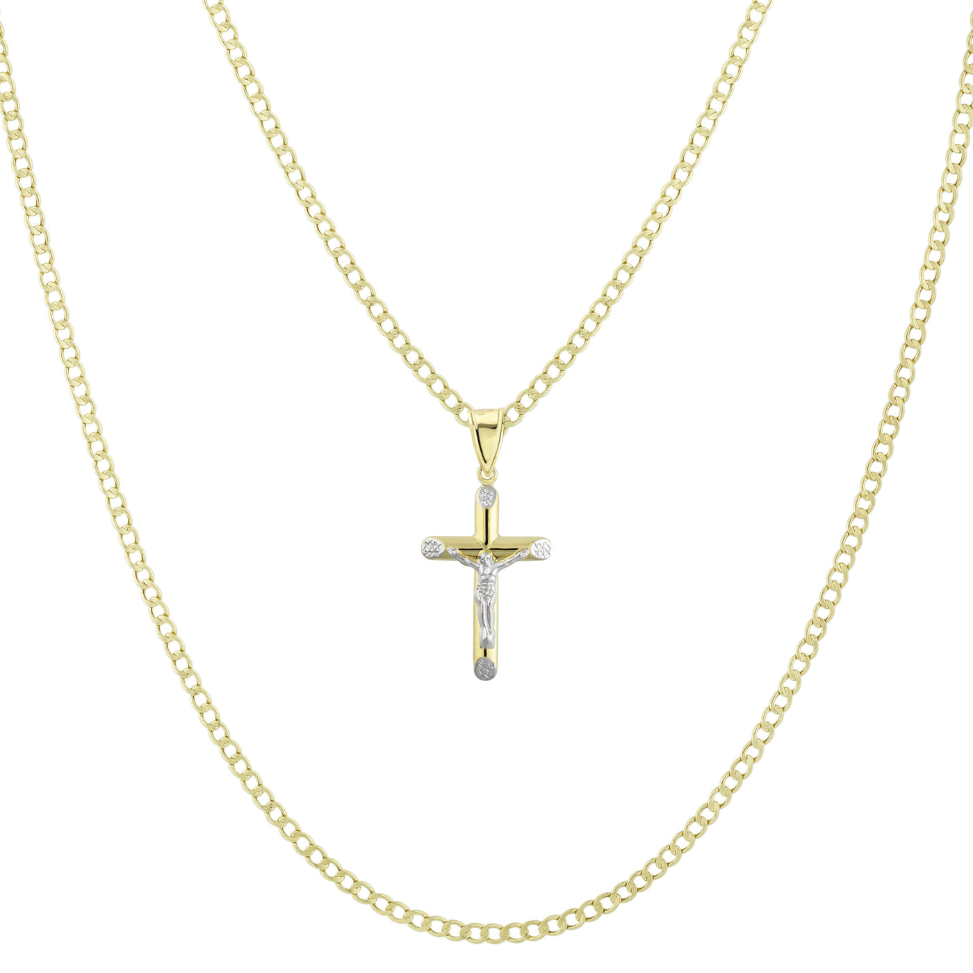 1 1/4" Jesus Cross Crucifix Two-Tone Pendant & Chain Necklace Set 10K Yellow White Gold