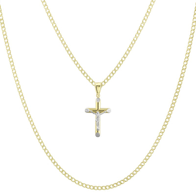 1 1/4" Jesus Cross Crucifix Two-Tone Pendant & Chain Necklace Set 10K Yellow White Gold