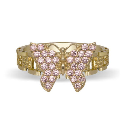 Women's Railroad Design Pink CZ Butterfly Ring 10K Yellow Gold