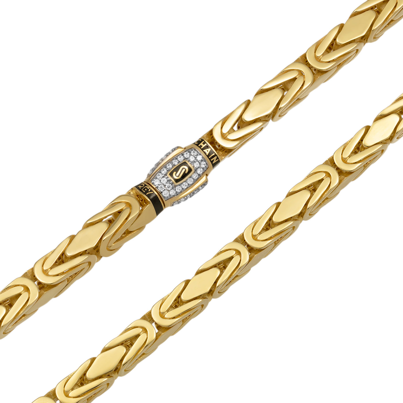 Square Byzantine Royal Link CZ Lock Chain Necklace 14K Yellow Gold - Hollow