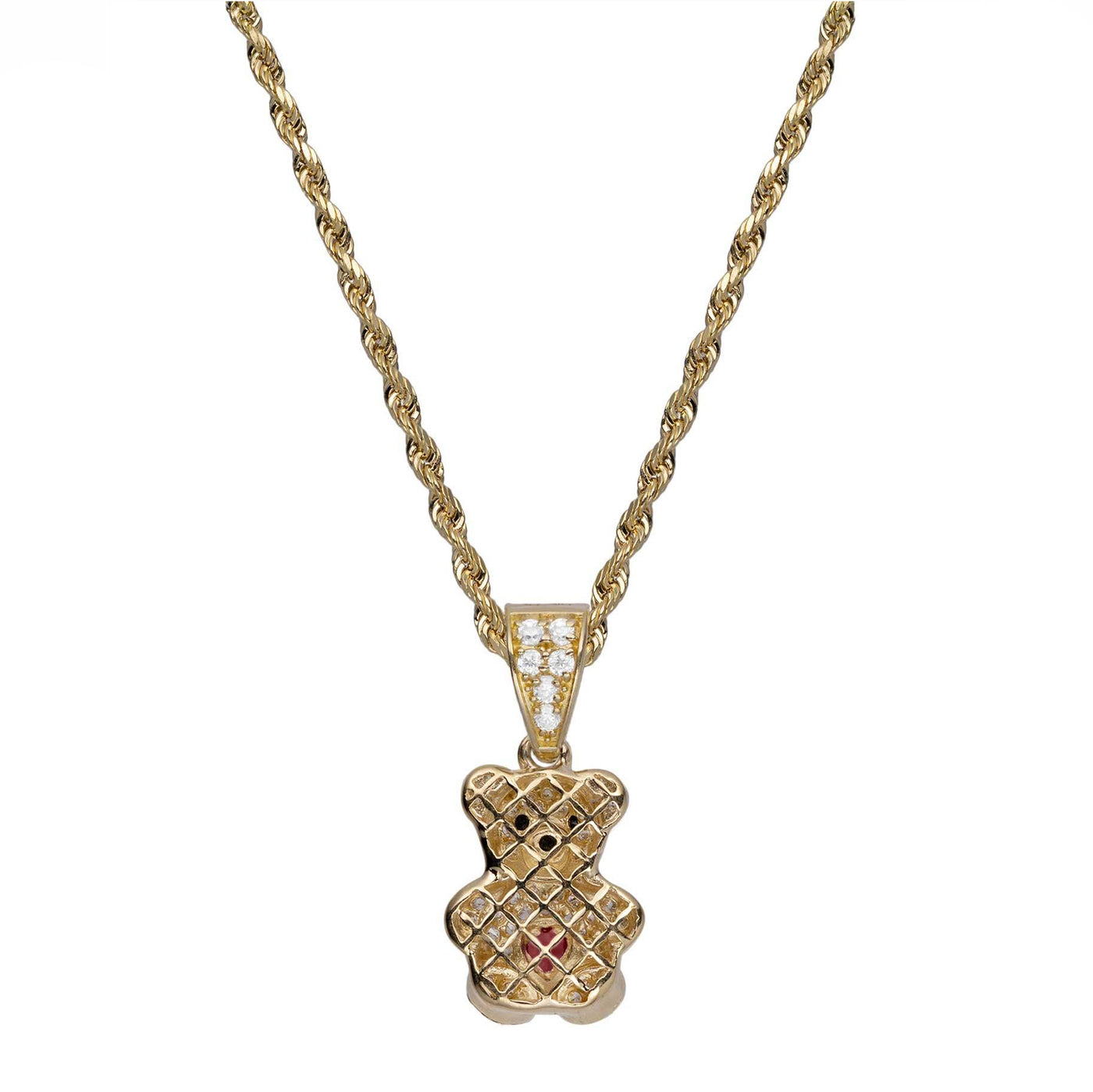 3/4" CZ Teddy Bear Heart Pendant Necklace 14K Yellow Gold
