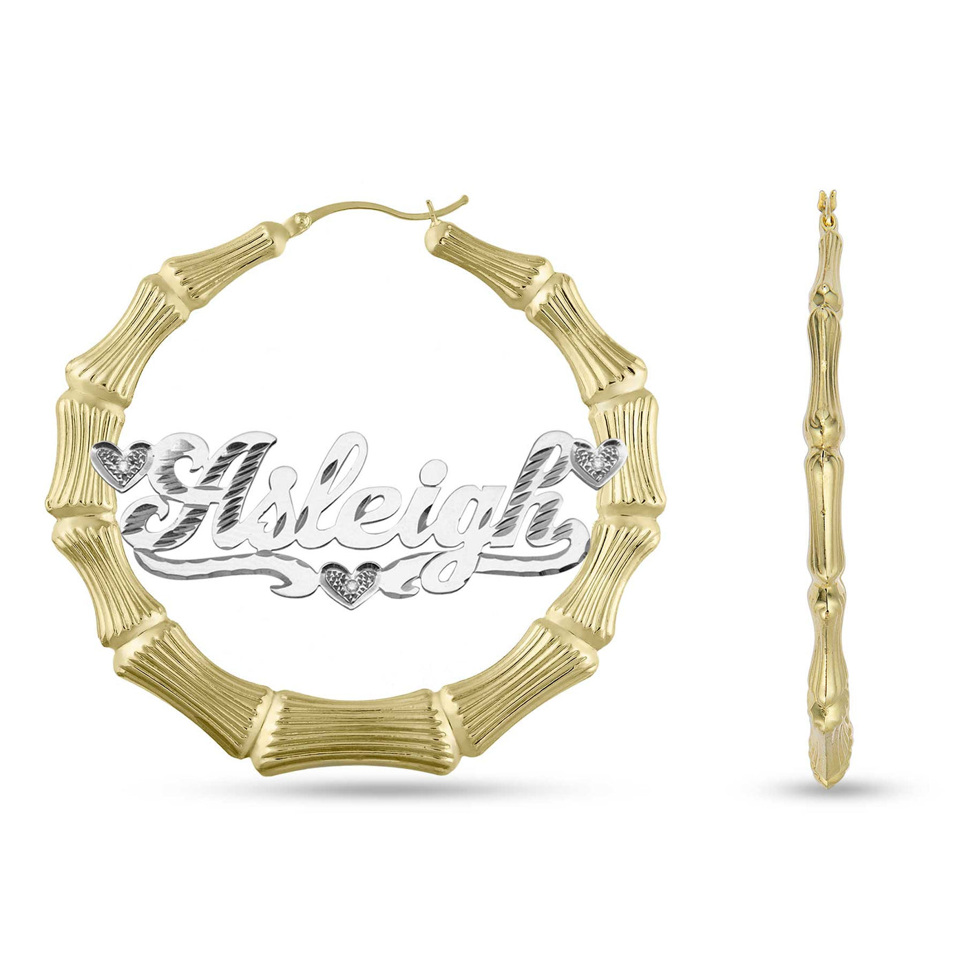 Ladies Diamond Script Name Plate Bamboo Hoop Earrings 14K Gold - Style 131