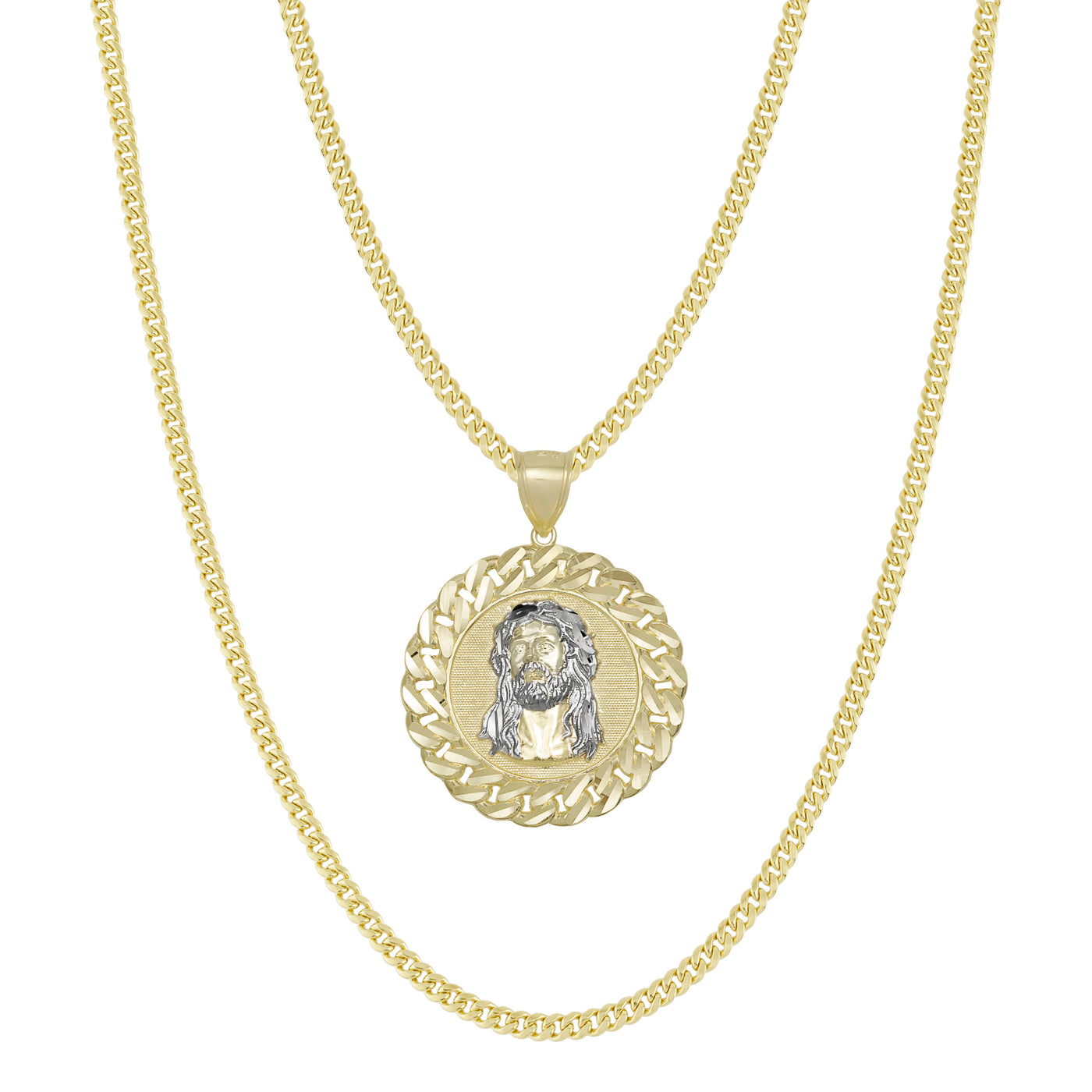 1 3/4" Jesus Head Diamond Cut Miami Cuban Medallion Pendant & Chain Necklace Set 10K Yellow White Gold