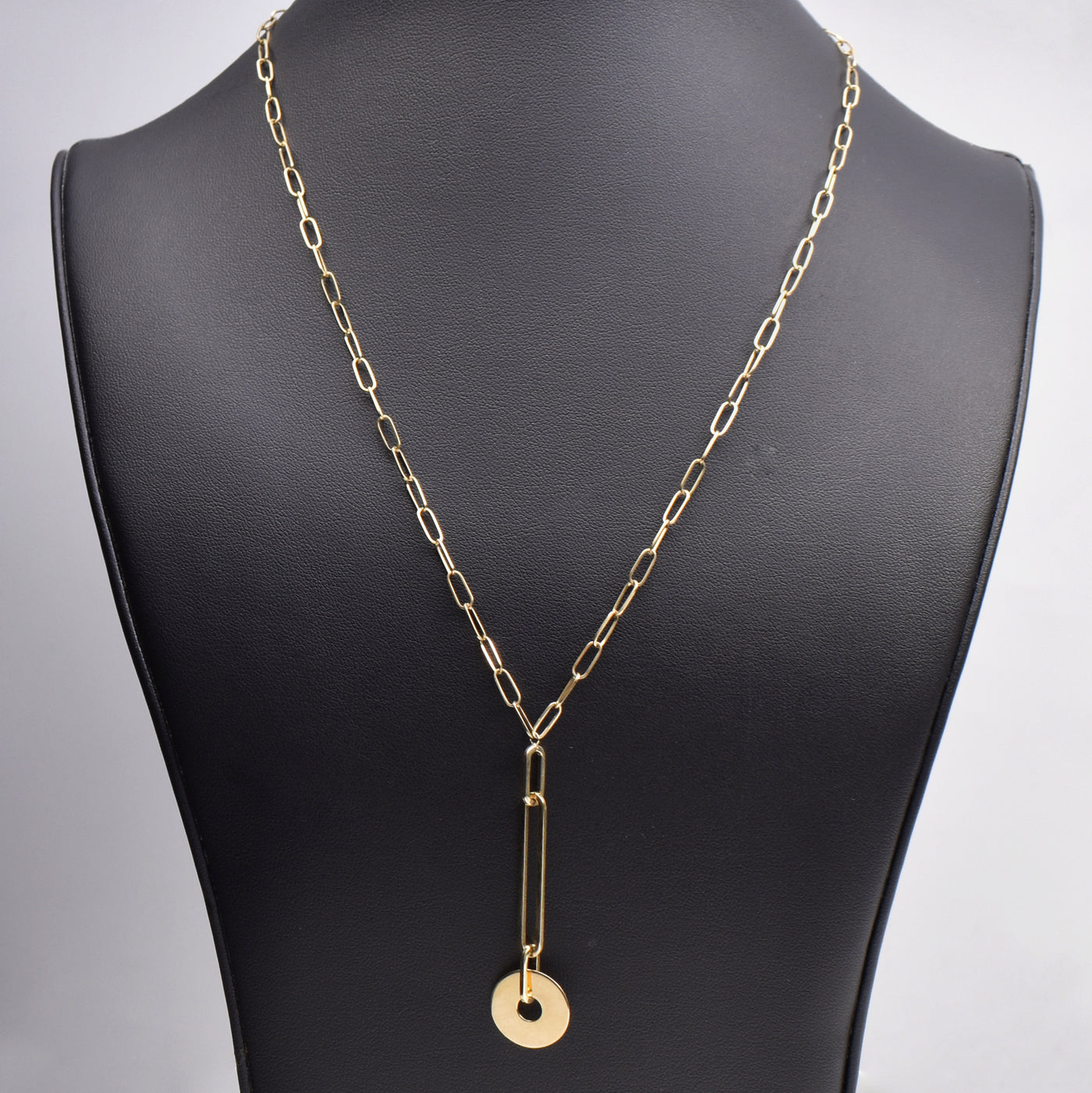 Paperclip Disk Drop Lariat Necklace 14K Yellow Gold
