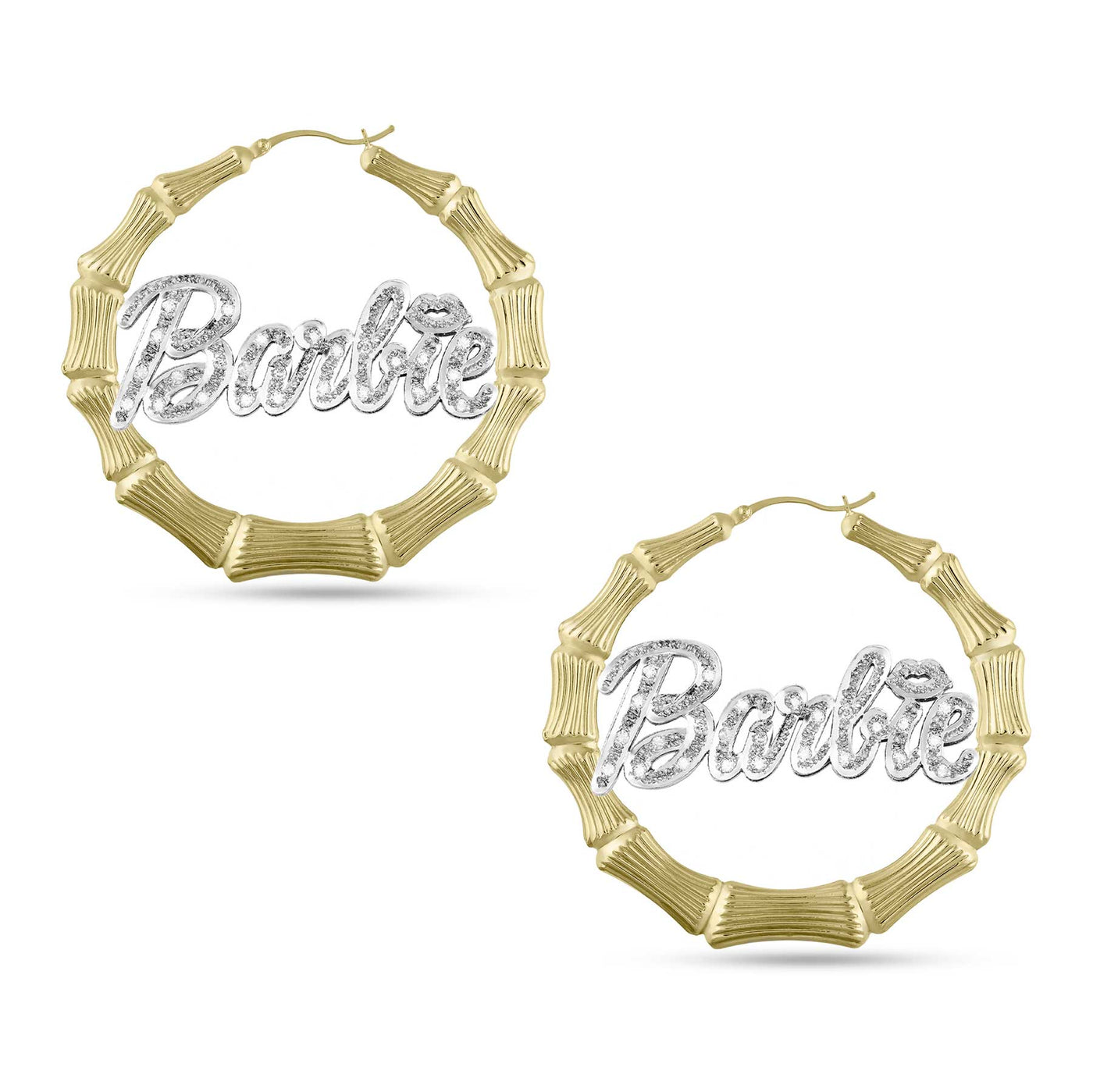 Ladies Diamond Script Name Plate Bamboo Hoop Earrings 14K Gold - Style 56