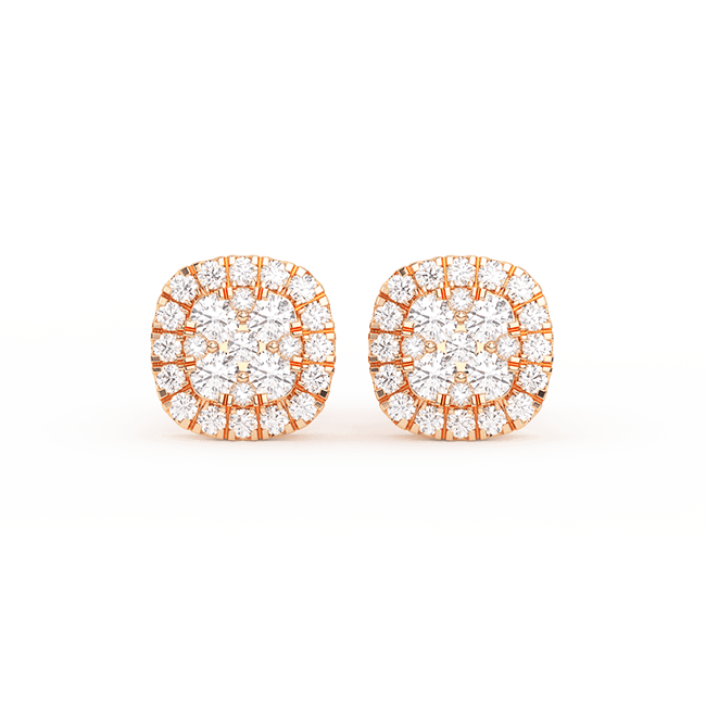 Women's Cushion-Shaped Halo Cluster Diamond Stud Earrings 14K Gold