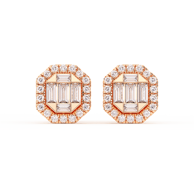 Women's Emerald Baguette & Round-Cut Diamond Stud Earrings 14K Gold