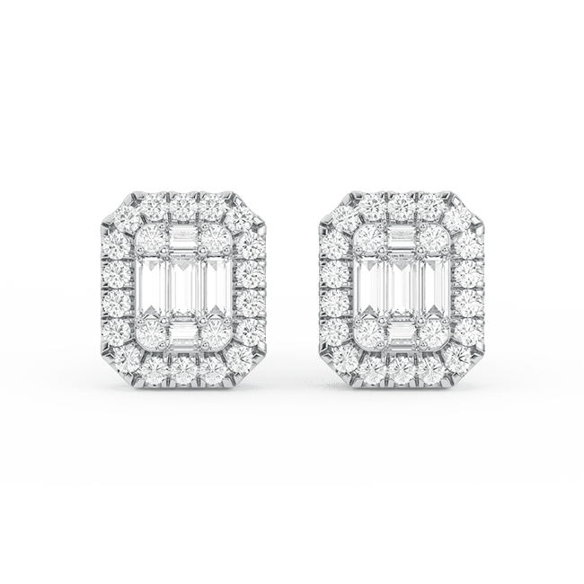 Women's Emerald-Shaped Baguette & Round Diamond Stud Earrings 14K Gold